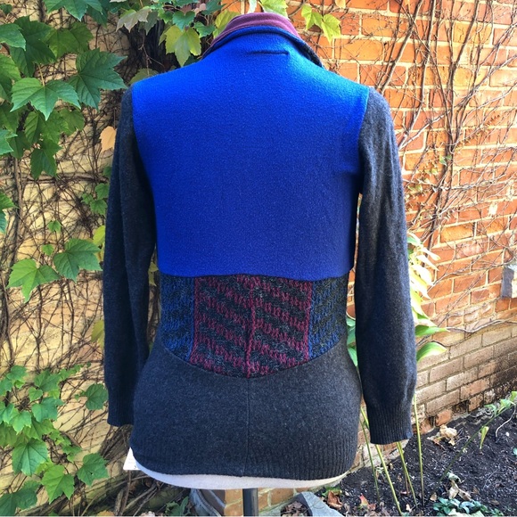 Patchwork Upcycled Sweaters Small Blue Red Gray Zip Up Sustainable Wool Acrylic - Picture 3 of 7